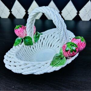 Italian Ceramic Strawberry Woven Basket, Majolica Grandmillennial MCM Vintage